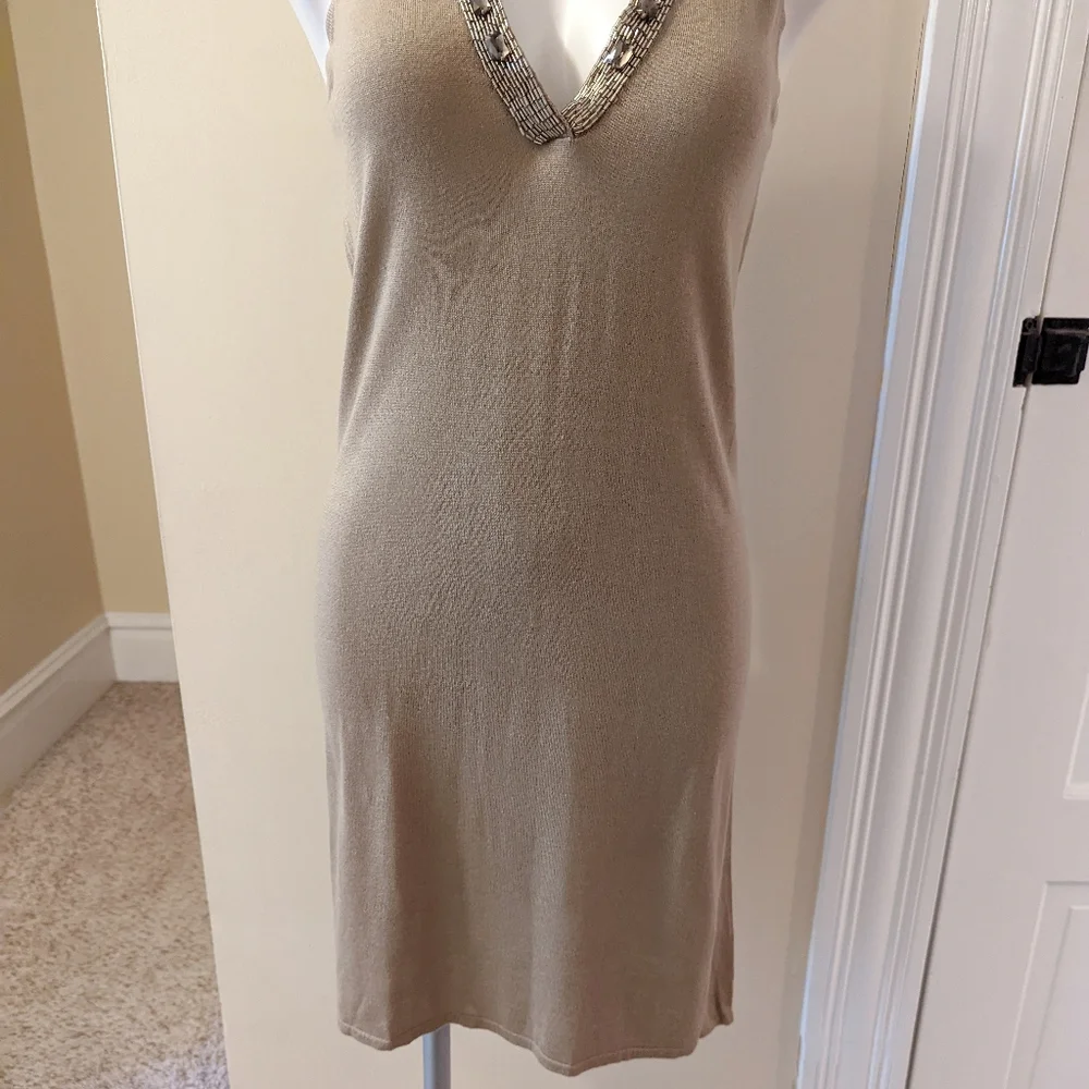 Magaschoni tan beaded neckline silk/cashmere blend tank sweater dress. - Picture 5 of 9